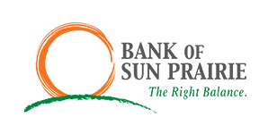 Bank of Sun Prairie logo with an orange circular brushstroke, a green curved line, and the slogan 