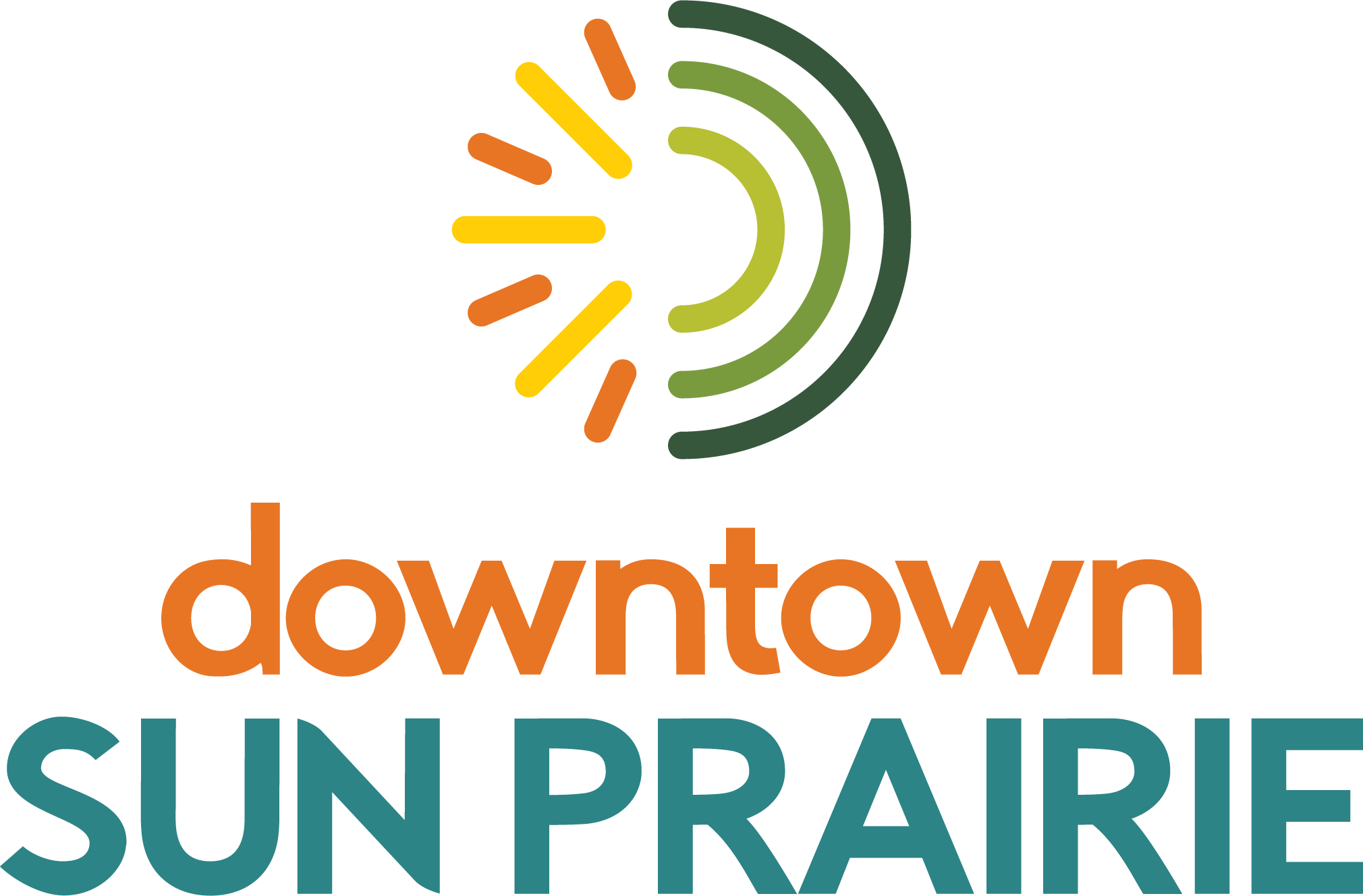 Logo for downtown Sun Prairie with stylized sun graphic above the words "downtown" in orange and "SUN PRAIRIE" in teal.