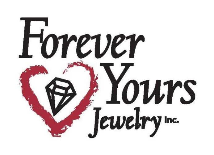Logo for Forever Yours Jewelry Inc. featuring the company name in black text, with a red heart shape containing a diamond icon.