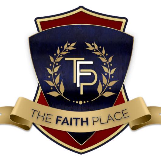 A shield-shaped emblem with gold laurel branches, the letters "TFP" in the center, and a gold ribbon below reading "The Faith Place.