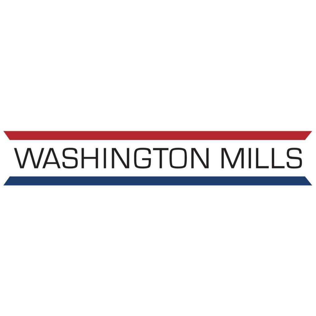 Logo for Washington Mills featuring the company name in black uppercase letters, with a red line above and a blue line below on a white background.