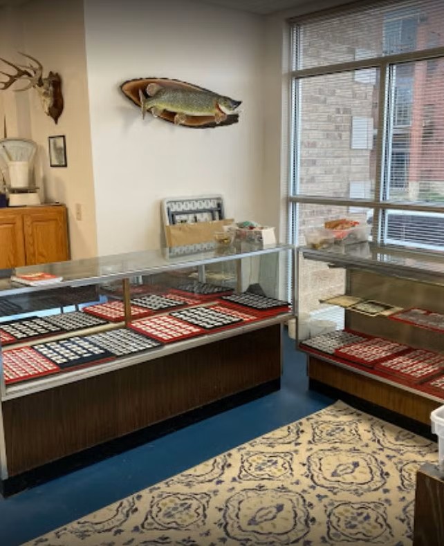 A coin shop display with glass cases filled with coin collections, a mounted fish on the wall, and a window showing a brick building outside.