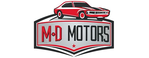 Logo for M·D Motors featuring a stylized red and white classic car above the company name on a shield-shaped background.