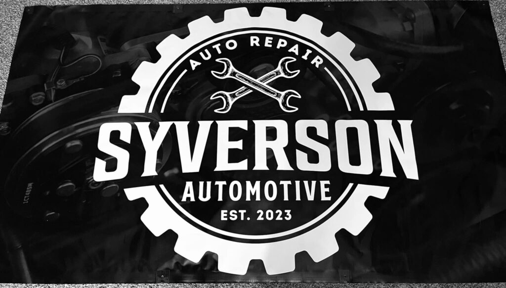 A black and white banner displays "Syverson Automotive Auto Repair Est. 2023" with two crossed wrenches inside a gear graphic.
