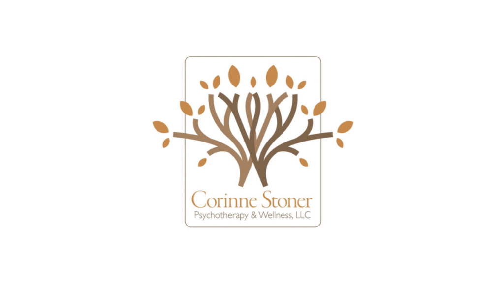 Logo for Corinne Stoner Psychotherapy & Wellness, LLC featuring a stylized brown tree with branching limbs and leaves inside a rectangular border.