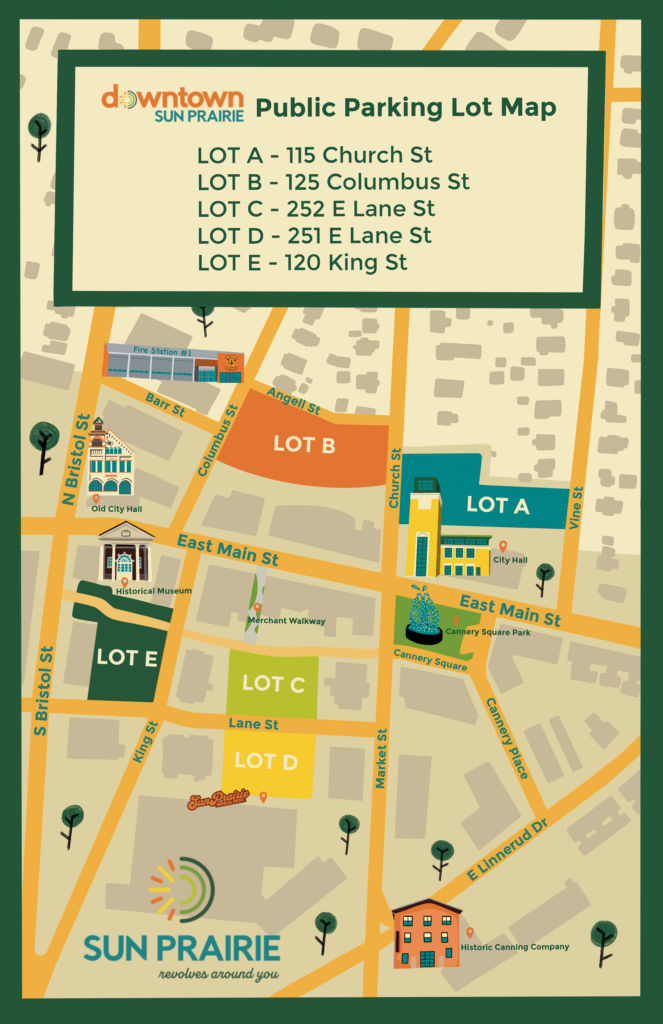 Map of downtown Sun Prairie showing locations of five public parking lots (A-E) with addresses on Church, Columbus, E Lane, E Main, and King Streets.