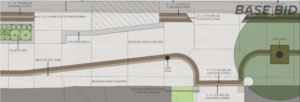 Landscape site plan showing concrete sidewalks, broom finished concrete paths, planter beds, a tree grate, light pole, and labeled paving materials. "BASE BID" text appears in the upper right corner.